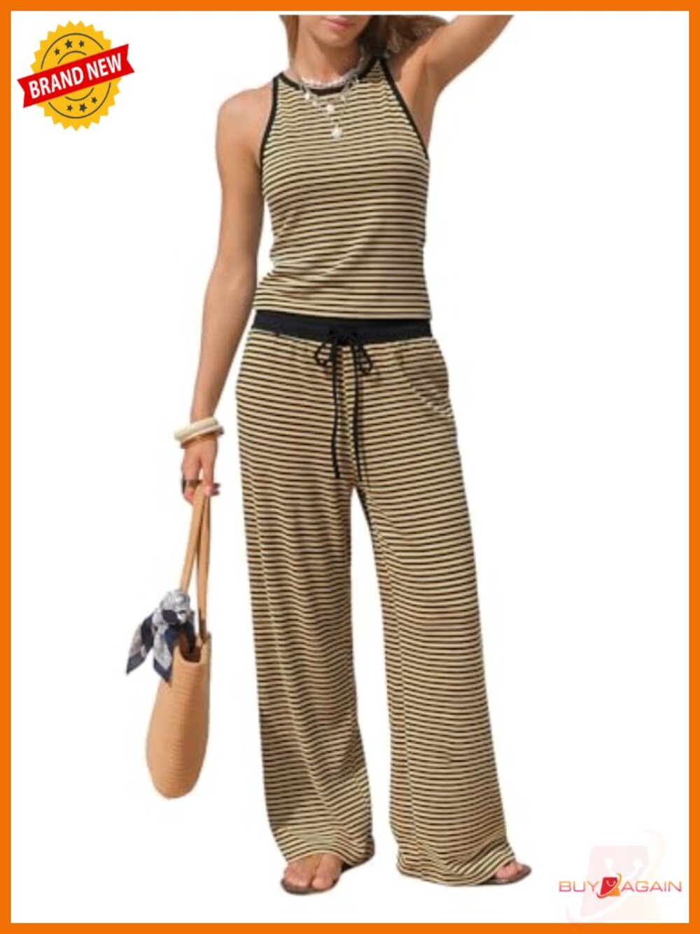 Cotton Summer 2 Piece Halter Top Wide Leg Pants Set